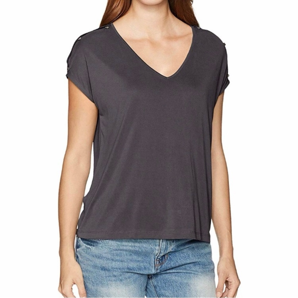 Lucky Brand Cutout Cold Shoulder Cap Button Short Sleeve Gray V Neck Top Med
